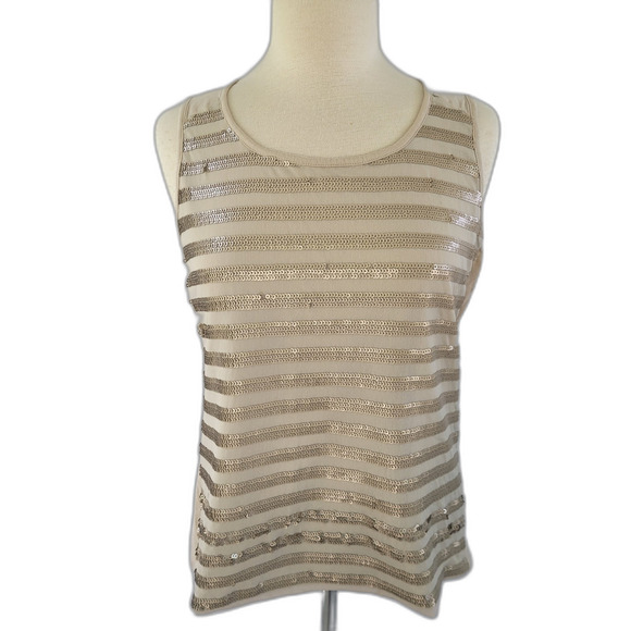 Chico's Tops - Chico's Stella Stripped Sequin Tank Top Tan/ Champagne SZ 2 (Large)